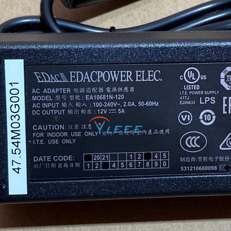 4-Pin AC Adapter Model: EA10681N-120 EDAC Power Supply 12V 5A